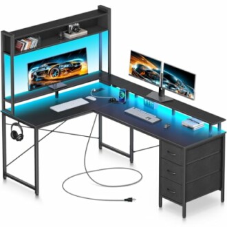 Seventable L Shaped Computer Desk with LED Lights & Charging Station Review